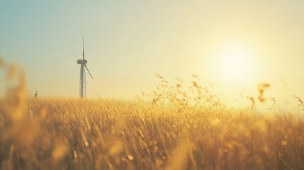 Golden field wind turbine hazy sunrise