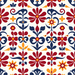 Fototapeta premium Hungarian Szőnyeg minimalist spirals leaves flowers in bold hues, seamless pattern.