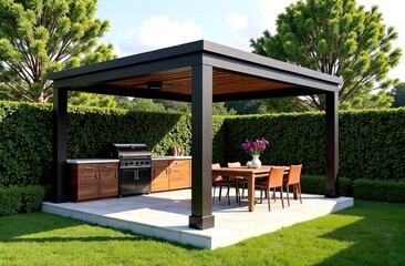 Gazebo with barbecue area in the courtyard of the house with barbecue, stove, table, roof