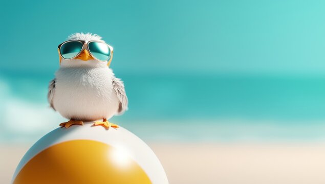 Lustige M&ouml;we mit Sonnenbrille auf Strandball am Strand