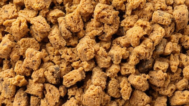 The detailed view of vegan dog kibble shows uniform, crunchy pieces, offering a nutritious plant-based meal formulated for dogs' health and well-being.