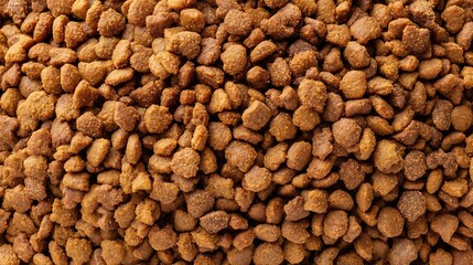The detailed view of vegan dog kibble shows uniform, crunchy pieces, offering a nutritious plant-based meal formulated for dogs' health and well-being.