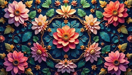 Intricate floral design within a hexagonal grid, floral texture, seamless, art