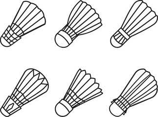set of shuttlecock badminton line art, black outline, vector and illustration, coloring book page line art drawing