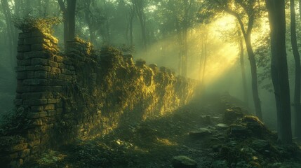 Obraz premium Ethereal Sunlight Illuminating Ancient Stone Wall within a Verdant Mystical Forest
