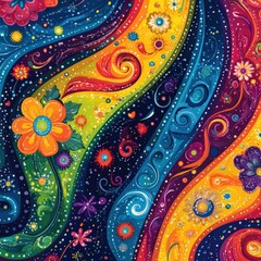 Colorful Abstract Swirls with Flowers and Spirals in Vibrant Artwork