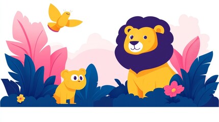 Naklejka premium Whimsical pixelated jungle landscape featuring a majestic lion family with their playful cub observing a soaring songbird amid lush vegetation