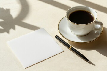 Elegant coffee cup, blank notepad card mockup and pen on a light table  