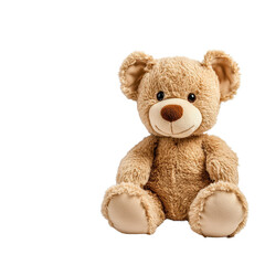 Obraz premium Brown teddy mouse sits beside blank paper on a white background ready for creative ideas, Brown Teddy Mouse with Blank Paper white background