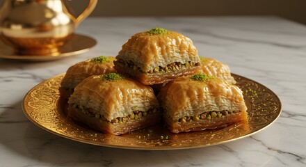 Delicious Turkish Baklava Pastry on Golden Plate