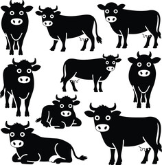 Cows black silhouettes on white background. Vector illustration. Farm animals.