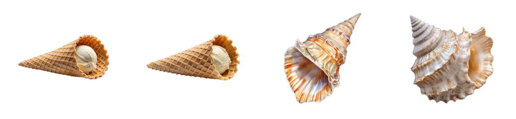 Ice cream cones and seashells collage . cut out transparent