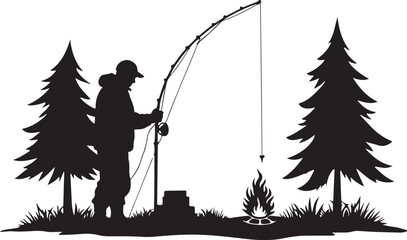 Silhouettes of Men and Dogs Fishing