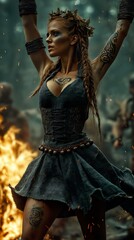 Fierce Viking Warrior Woman with Intricate Face and Body Tattoos in Diverse Natural Settings, from Stormy Seas to Misty Forests, Showcasing Strength, Beauty, and Battle Readiness
