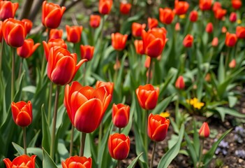 Vibrant red tulips blooming in a lush exotic garden, perfect for spring sale promotions,  voucher,  botanical