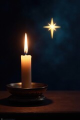 Burning candle beside Star of David on dark background , spiritual, worship
