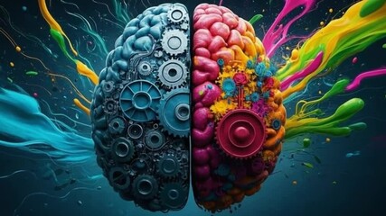Brain hemispheres with colorful fluid dynamics, mechanical gears, organic textures, vibrant splashes, left and right brain contrast, surreal neuroscience concept,
