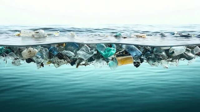 Ocean Plastic Pollution: A stark image shows the disturbing reality of ocean plastic pollution. The sea surface is marred by a floating mass of plastic waste.