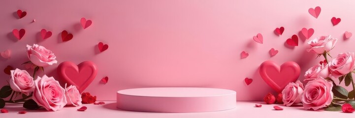Elegant blank pink podium on Valentine's Day background with hearts and roses , stage mockup, presentation