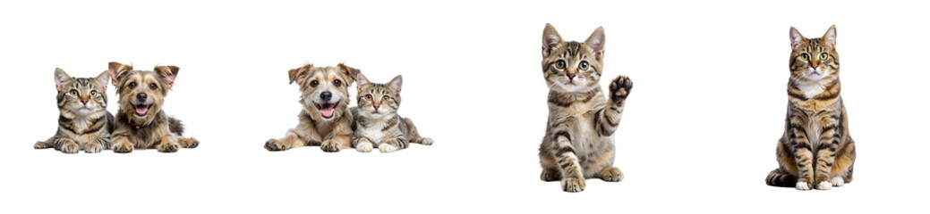 Dog and cat pets together in different poses, friendship. cut out transparent