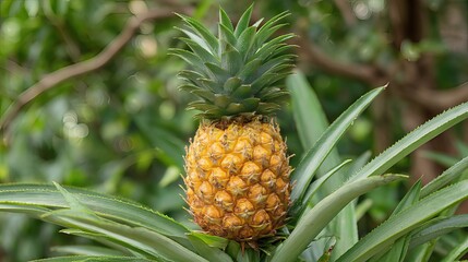 Fototapeta premium A close-up of a ripe pineapple in the garden shows its golden skin and spiky green leaves.