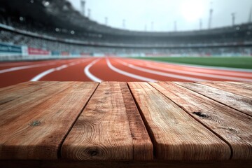Wooden table top in front of stadium