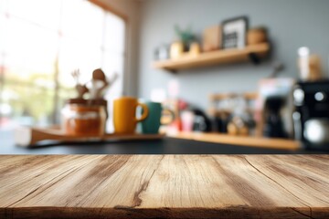 Wooden table top, blurred cafe background