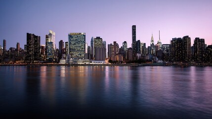 Fototapeta premium Panoramic Dusk View of New York City Skyline with Glowing Lights