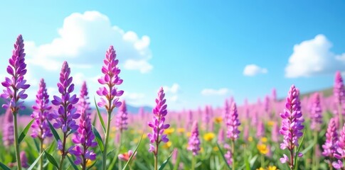 Obraz premium Vibrant purple & pink wildflowers bloom beneath a flawless blue sky , flower, landscape