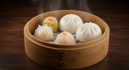 Delicious Steaming Dim Sum in Bamboo Basket Close up