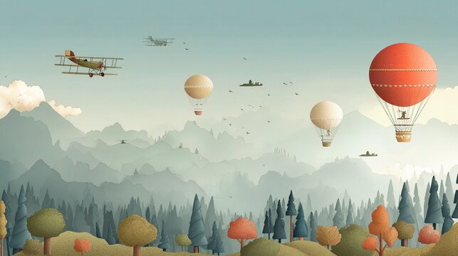 Whimsical Kids Wallpaper with Flying Airplanes and Balloons