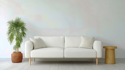 The Scandinavian-inspired living room combines functionality and elegance, with a cozy white sofa and sleek side tables set against a plain background for stylish home decor presentations.
