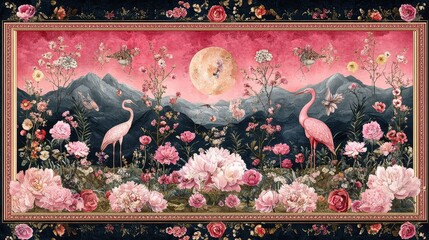 Enchanting tapestry landscape with pink flamingos amidst blooming rose gardens mountains and a warm lunar glow evoking serenity and whimsy