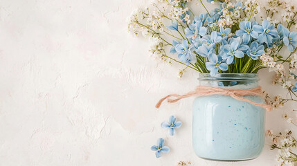 beautiful blooming spring flowers white and blue vintage aesthetic background with glass jar copy space and text space 