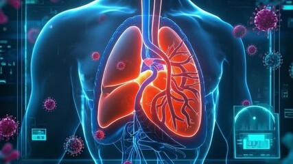 Medical illustration and human torso, glowing red lungs and heart, blue holographic background, coronavirus particles, digital health concept, futuristic medical scan, video download - Powered by Adobe
