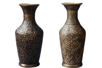 Pair Of Ornamental Metal Vases With Intricate Gold Pattern Isolated Transparent Background Illustration