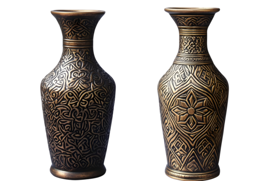 Pair Of Ornamental Metal Vases With Intricate Gold Pattern Isolated Transparent Background Illustration
