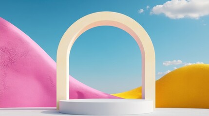 3D white cylindrical podium with Surreal architecture with arched window,curtain,pool,interior design of empty space,exhibition gallerydisplayProduct presentation realistic podium or platform.