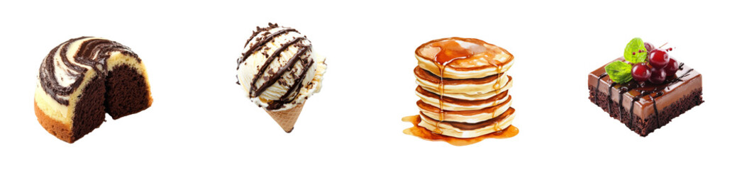Sweets assortment with ice cream, cake, and pancakes. cut out transparent
