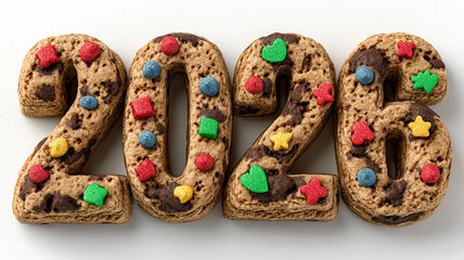 2026年の数字をクッキーやチョコチップ風にデザインした可愛く美味しそうな3Dお菓子風イラスト素材・スイーツ・焼き菓子・甘い未来をイメージした数字デザイン