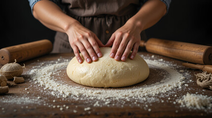 Obraz premium Female baker hands making dough for bread with an apron. Roller and chopping board visible in the background. Natural homemade ingredients. Dark background, brown color grading.