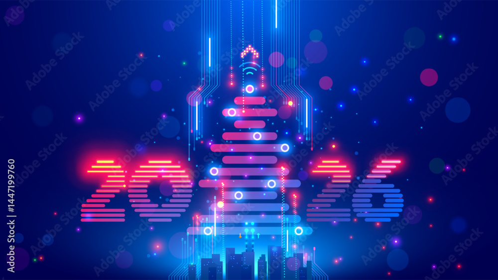 Poster Christmas poster with christmas tree, digits 2026 in electronic technology style. New year, merry christmas congratulations card in cyber computer design. Tech digital banner of event in 2026 year.