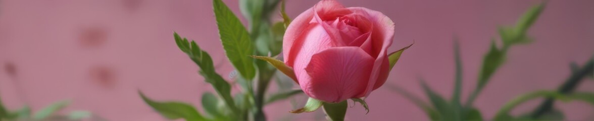 A tightly furled pink rosebud on a vibrant green stem , rosebud, garden