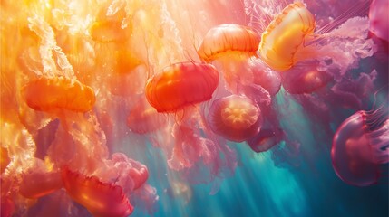 A flock of exotic jellyfish drifting through sunbeams underwater,dreamy watercolor
