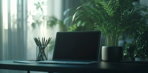 Fototapeta premium A minimalist desk with an open laptop, pens, and paper on it, glass vases of green plants in the background, and a blurred office space in soft light. Minimalist workspace concept. Black tablet mockup