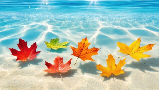 Colorful leaves on sandy beach underwater
