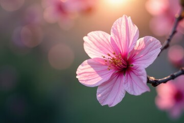 Obraz premium Delicate pink blossom unfolds in serene garden nook , serene, sunlight, delicate