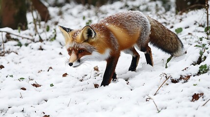 forest A red fox walking through fresh snow in the
