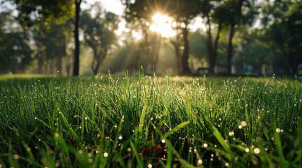 Morning Dew on Green Grass with Sunlight Peeking Through Trees