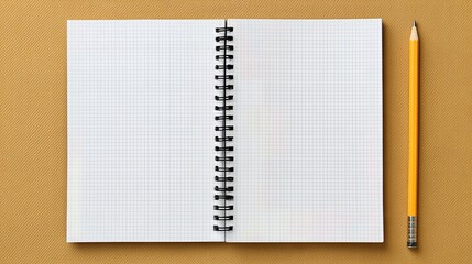 An open blank notebook with a grid page lies next to a white pencil on a beige background